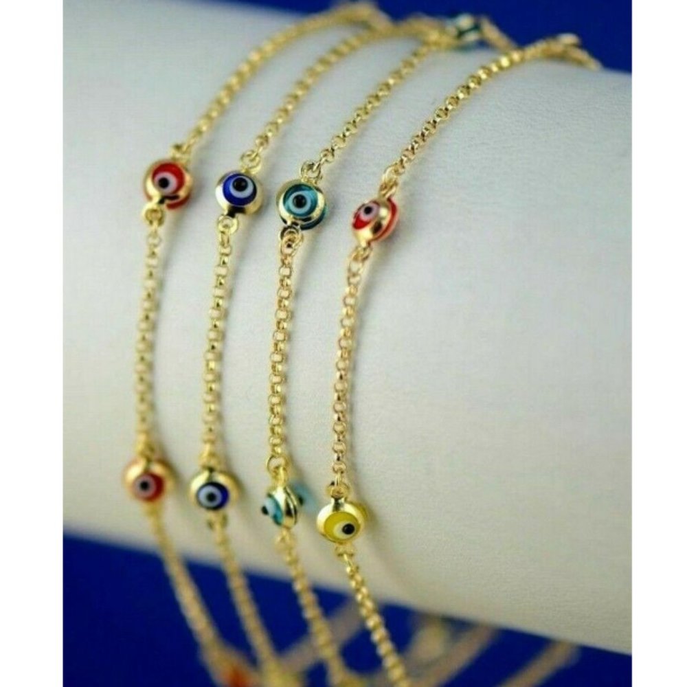 Solid 14k Yellow Gold Evil Eye Bracelet - image 1